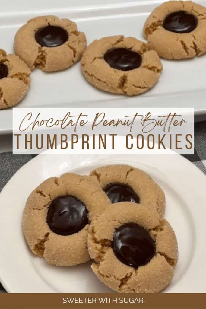 Chocolate Peanut Butter Thumbprint Cookies are an easy cookie recipe. These cookies are cute and delicious! The soft peanut butter cookie is rolled in sugar and the middle is filled with a chocolate ganache filling you will love! #ChocolateGanache #PeanutButterCookies #Cookies #ChocolatePeanutButterCookies #ThumbprintCookies #PeanutButterBlossoms #EasyCookieRecipes #BestChristmasCookieRecipesHolidays #ChocolatePeanutButter