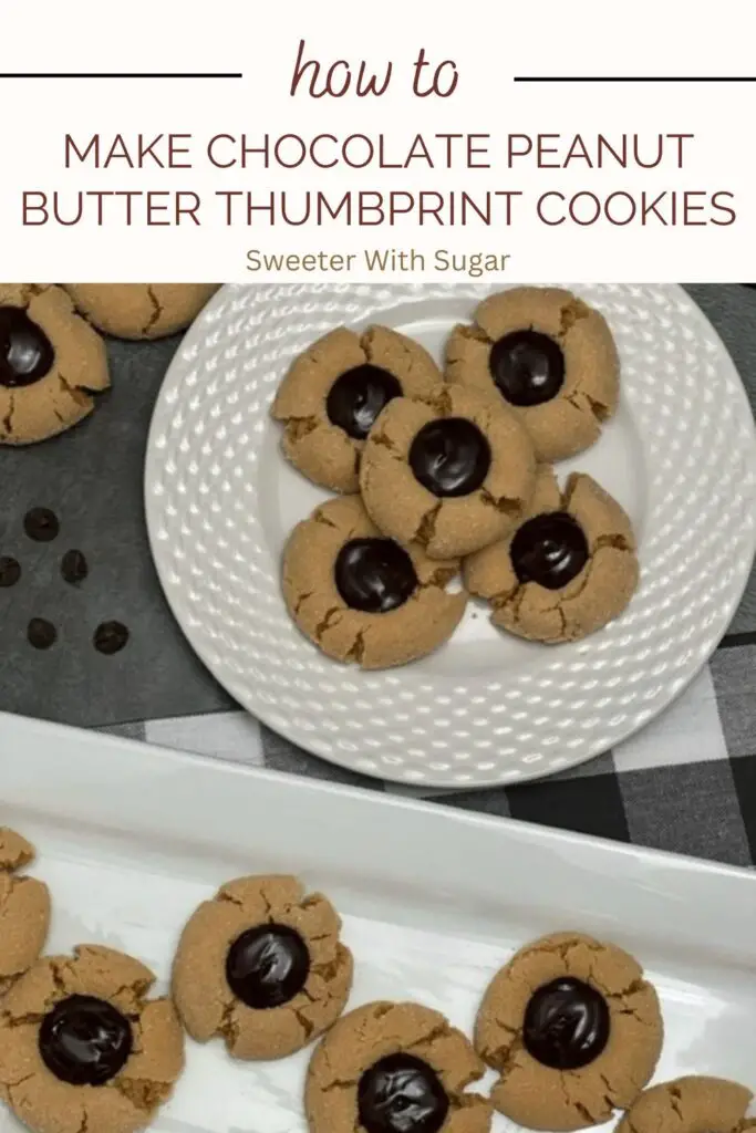 Chocolate Peanut Butter Thumbprint Cookies are an easy cookie recipe. These cookies are cute and delicious! The soft peanut butter cookie is rolled in sugar and the middle is filled with a chocolate ganache filling you will love! #ChocolateGanache #PeanutButterCookies #Cookies #ChocolatePeanutButterCookies #ThumbprintCookies #PeanutButterBlossoms #EasyCookieRecipes #BestChristmasCookieRecipesHolidays #ChocolatePeanutButter