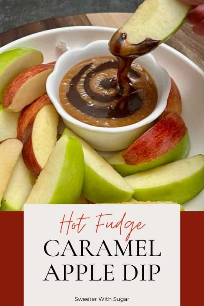 Hot Fudge Caramel Apple Dip is simple and delicious. It is perfect for snacking, parties and desserts. It is perfect for Halloween and Thanksgiving. #Fall #Holidays #Halloween #AppleDip #Caramel #HotFudge #Thanksgiving #EasyDessertIdeas #PartyIdeas