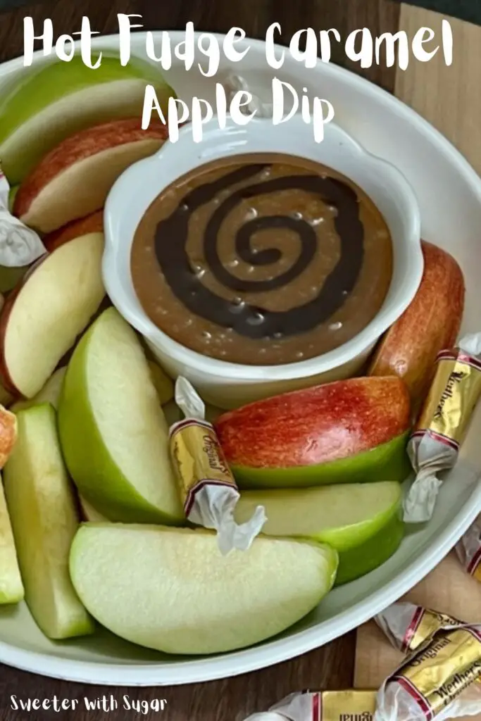 Hot Fudge Caramel Apple Dip is simple and delicious. It is perfect for snacking, parties and desserts. It is perfect for Halloween and Thanksgiving. #Fall #Holidays #Halloween #AppleDip #Caramel #HotFudge #Thanksgiving #EasyDessertIdeas #PartyIdeas