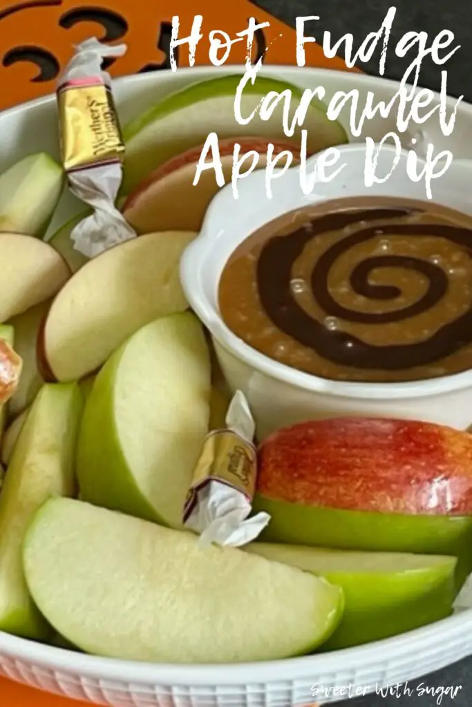 Hot Fudge Caramel Apple Dip is simple and delicious. It is perfect for snacking, parties and desserts. It is perfect for Halloween and Thanksgiving. #Fall #Holidays #Halloween #AppleDip #Caramel #HotFudge #Thanksgiving #EasyDessertIdeas #PartyIdeas