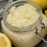 Lemon Sugar Scrub is a simple scrub made with four ingredients. This sugar scrub will make your hands and feet feel so soft. #SugarScrub #HandScrub #Lemon #MothersDay #GiftIdeasForMom #HomemadeGifts