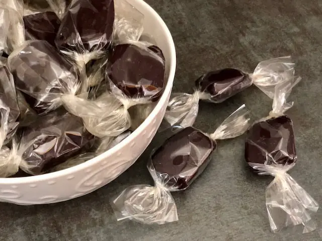 Black Licorice Caramel is a Halloween favorite-it is soft, chewy and tastes like black licorice! If you love black licorice, you will love this caramel. #Caramel #Licorice #BlackLicorice #HomemadeCaramel #HomemadeCandy