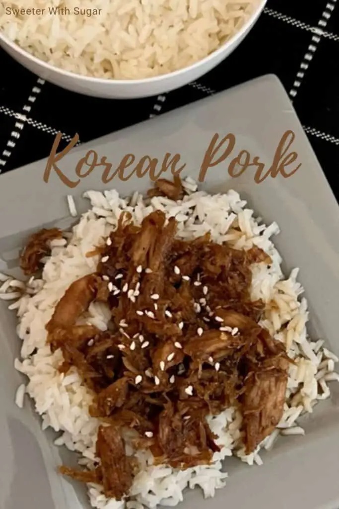 Korean Pork is a simple dinner recipe with a yummy Asian flavor. The sauce is so delicious. #DinnerIdeas #DinnerRecipes #PorkRecipes #AsianRecipes #PorkLoin #SlowCookerRecipes