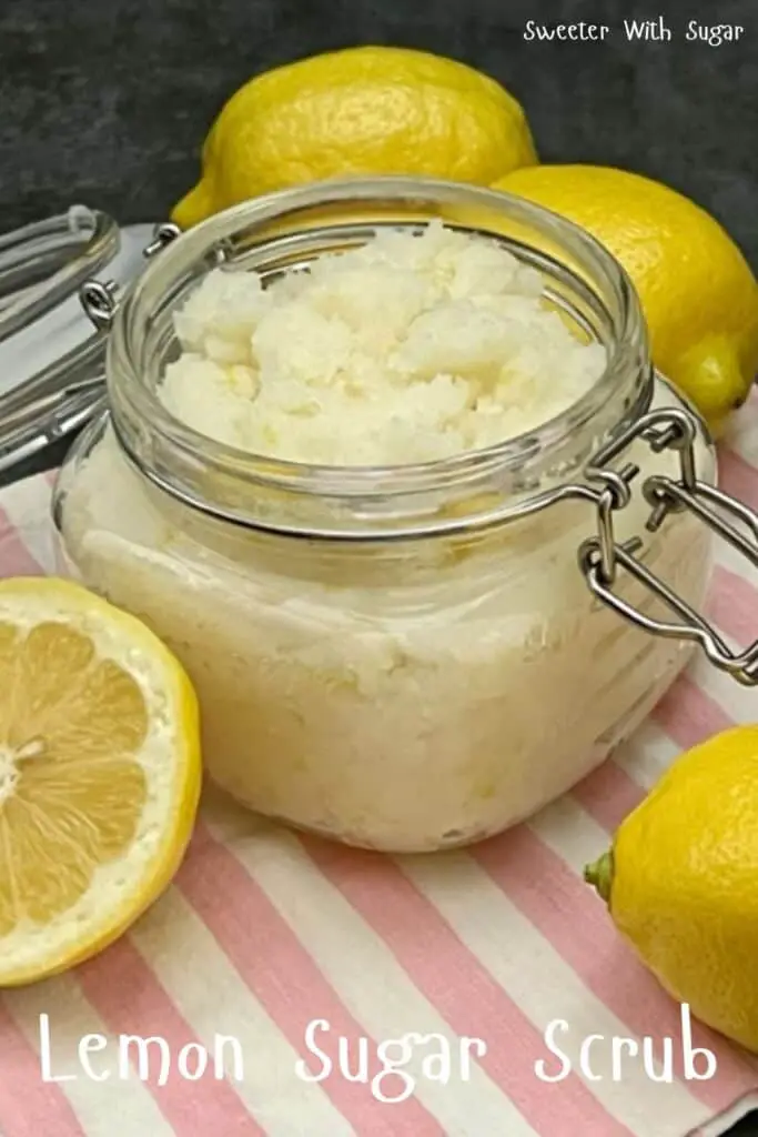 Lemon Sugar Scrub is a simple scrub made with four ingredients. This sugar scrub will make your hands and feet feel so soft. #SugarScrub #HomemadeGifts #HandScrub #Lemon #MothersDay #GiftIdeasForMom