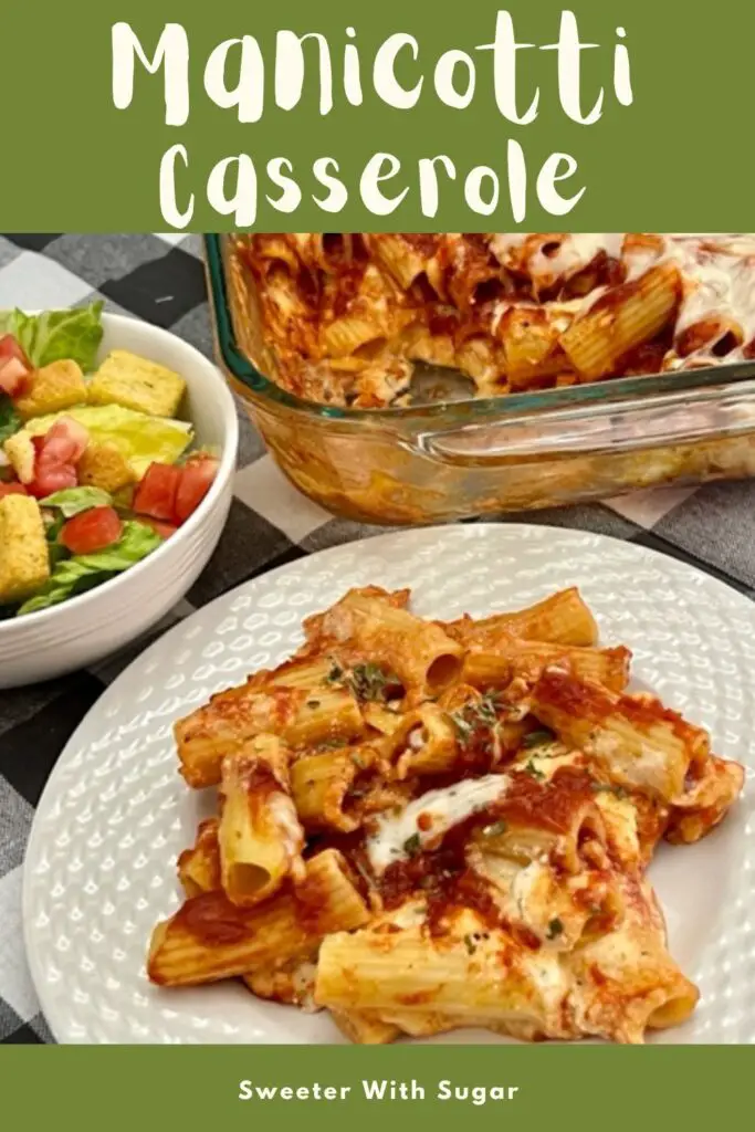 Manicotti Casserole is a simple comfort food recipe that is quick to put together and delicious to eat! #Manicotti #ComfortFood #Pasta #CheesyDinnerRecipes #ItalianRecipes