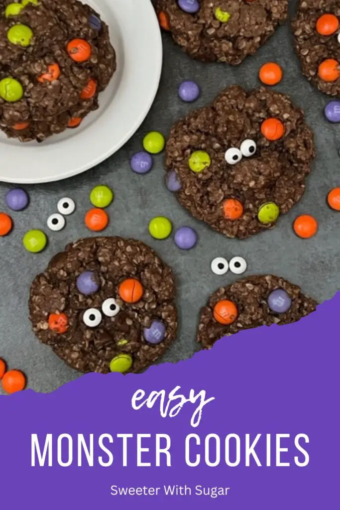 Monster Cookies are yummy and gluten free. They are simple to make and are adorable for Halloween. #Cookies #MonsterCookies #GlutenFree #MnMCookies #Halloween #NoFlour #HolidayIdeas