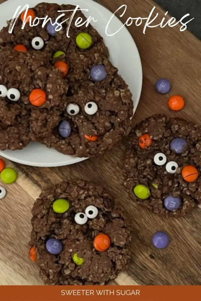 Monster Cookies are yummy and gluten free. They are simple to make and are adorable for Halloween. #Cookies #MonsterCookies #GlutenFree #MnMCookies #Halloween #NoFlour #HolidayIdeas