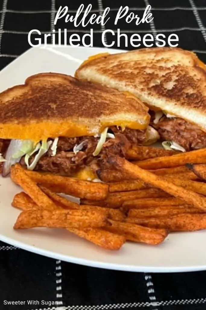 Pulled Pork Grilled Cheese is a simple recipe made with barbecue pulled pork, grilled bread covered in melty cheese. You can even use leftover barbecue pulled pork. #BarbecuePulledPork #GrilledCheese #Sandwiches #EasyDinnerRecipes #PorkRecipes