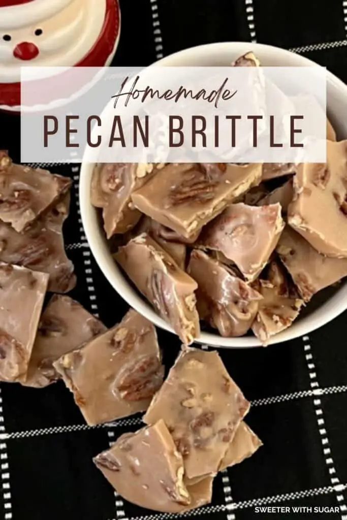 Pecan Brittle is a favorite toffee recipe for Christmas. The buttery toffee covering the yummy pecans makes this recipe delicious. Homemade candy is fun to make and give as holiday gifts. #Christmas #Thanksgiving #HomemadeCandy #ToffeeRecipes #CandyRecipes #Pecans #GiftIdeas #NeighborGifts