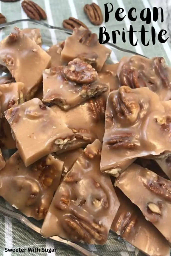 Pecan Brittle is a favorite toffee recipe for Christmas. The buttery toffee covering the yummy pecans makes this recipe delicious. Homemade candy is fun to make and give as holiday gifts. #Christmas #Thanksgiving #HomemadeCandy #ToffeeRecipes #CandyRecipes #Pecans #GiftIdeas #NeighborGifts