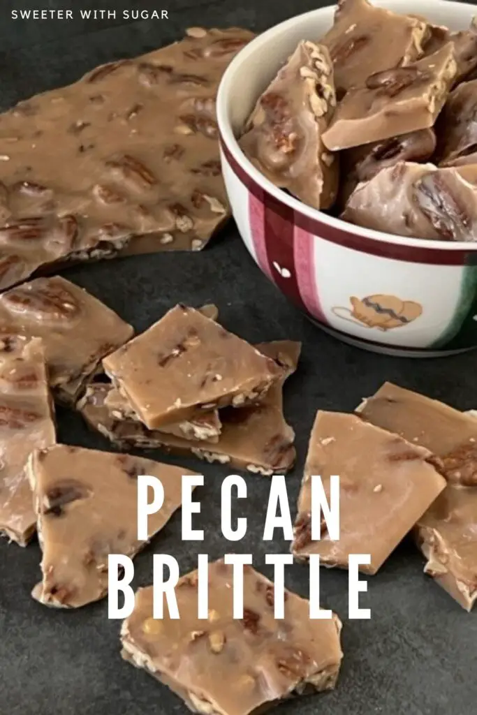 Pecan Brittle is a favorite toffee recipe for Christmas. The buttery toffee covering the yummy pecans makes this recipe delicious. Homemade candy is fun to make and give as holiday gifts. #Christmas #Thanksgiving #HomemadeCandy #ToffeeRecipes #CandyRecipes #Pecans #GiftIdeas #NeighborGifts