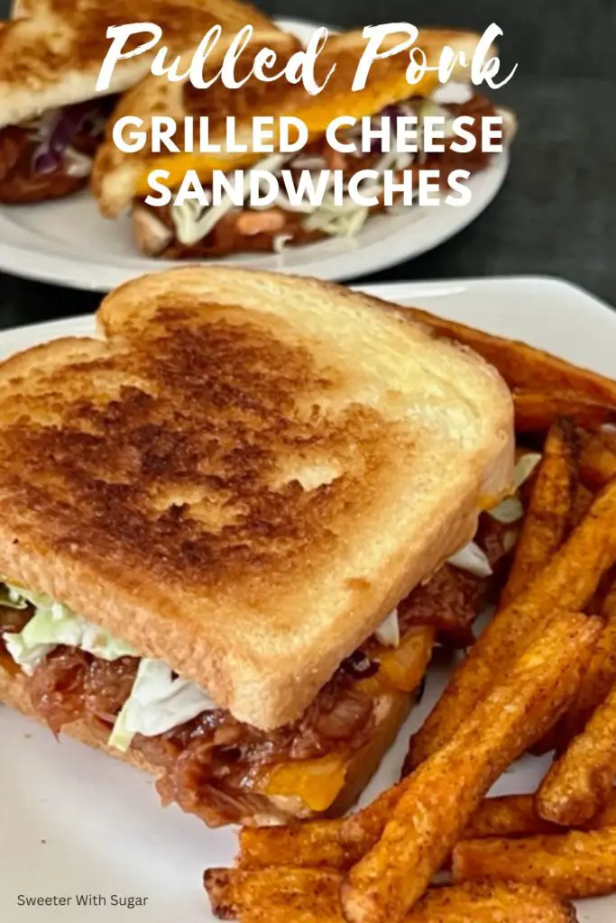 Pulled Pork Grilled Cheese is a simple recipe made with barbecue pulled pork, grilled bread covered in melty cheese. You can even use leftover barbecue pulled pork. #BarbecuePulledPork #GrilledCheese #Sandwiches #EasyDinnerRecipes #PorkRecipes