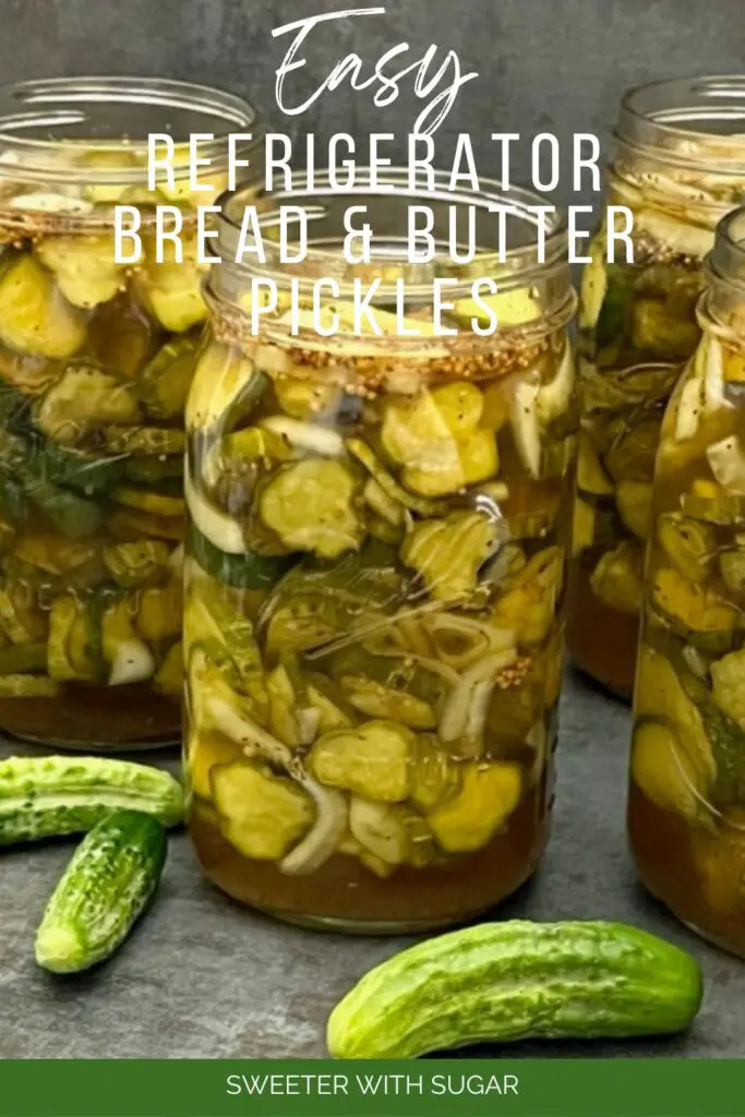 Refrigerator Bread and Butter Pickles are easy and yummy! They are a great way to use garden cucumbers, too. #Pickles #BreadAndButterPickles #HomemadePickles #GardenCucumbers #RefrigeratorPickles