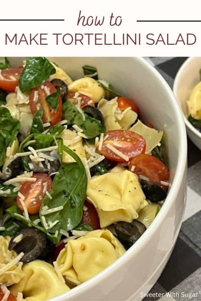 Tortellini Salad is a cold pasta salad filled with cheese tortellini, spinach, tomatoes, basil and more covered in a delicious dressing. #Tortellini #PastaSalads #SideRecipes #FourthOfJuly #BBQRecipes 