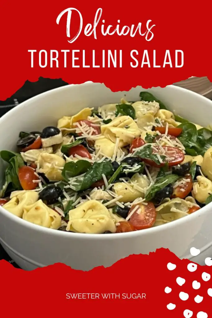 Tortellini Salad is a cold pasta salad filled with cheese tortellini, spinach, tomatoes, basil and more covered in a delicious dressing. #Tortellini #PastaSalads #SideRecipes #FourthOfJuly #BBQRecipes 