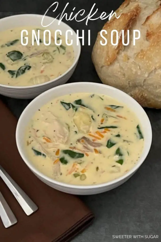 Chicken Gnocchi Soup is a delicious creamy comfort food recipe. This soup is filled with chicken, veggies and potato gnocchi. #OliveGardenCopyCatRecipes #SoupRecipes #Chicken #DinnerRecipes #Soup #ChickenSoup #CreamSoups