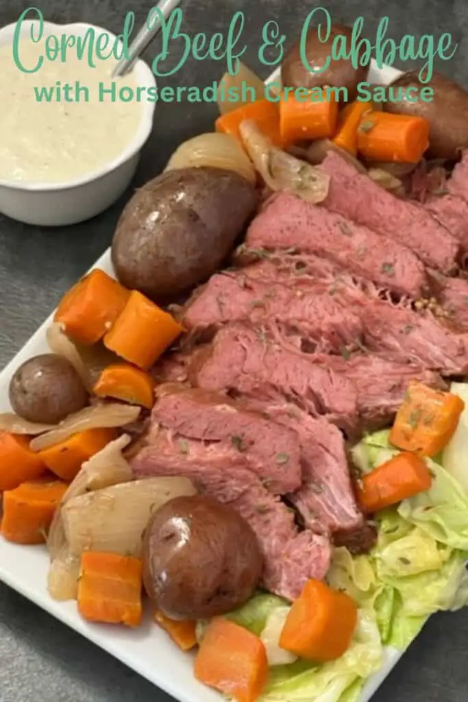 Corned Beef and Cabbage with Horseradish Sauce is the perfect meal to celebrate St. Patrick's Day. This is made in the slow cooker and turns out very tender. #StPatricksDay #CornedBeefAndCabbage #HorseradishSauce #SlowCookerRecipes #HolidayRecipes