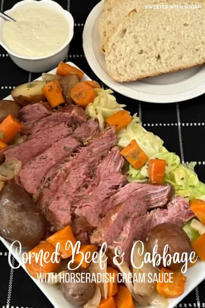 Corned Beef and Cabbage with Horseradish Sauce is the perfect meal to celebrate St. Patrick's Day. This is made in the slow cooker and turns out very tender. #StPatricksDay #CornedBeefAndCabbage #HorseradishSauce #SlowCookerRecipes #HolidayRecipes