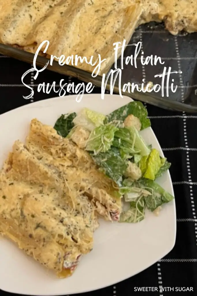 Creamy Italian Sausage Manicotti is a delicious manicotti recipe filled with a sausage mixture and topped with a creamy white sauce. You will love this recipe. #Manicotti #ItalianSausage #FilledPasta #ItalianRecipes #DinnerIdeas #FamilyRecipes