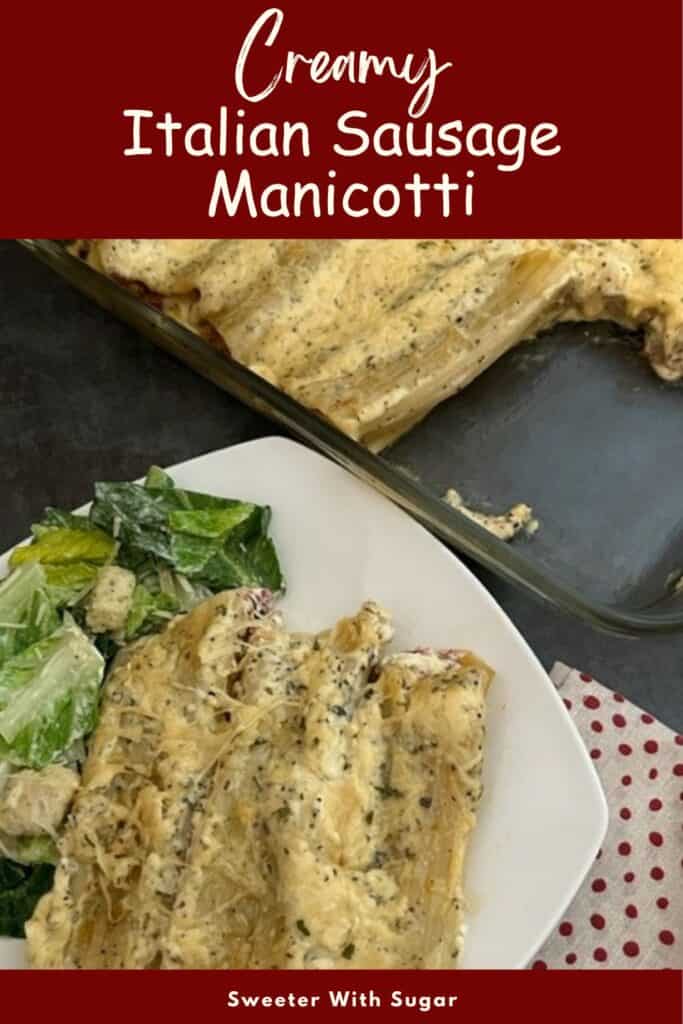 Creamy Italian Sausage Manicotti is a delicious manicotti recipe filled with a sausage mixture and topped with a creamy white sauce. You will love this recipe. #Manicotti #ItalianSausage #FilledPasta #ItalianRecipes #DinnerIdeas #FamilyRecipes