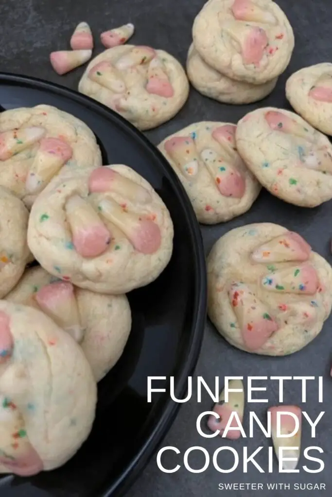 Funfetti Candy Cookies are a cute and fun cookie the kids will love to help make and eat. They are fun for any day and cute for Valentine's Day. #CakeMixCookies #BrachsFunfettiCandyCorn #CookieRecipes #ValentinesDay #Cookies 