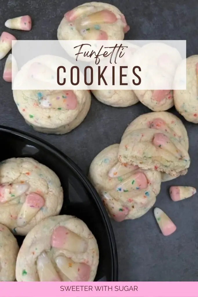 Funfetti Candy Cookies are a cute and fun cookie the kids will love to help make and eat. They are fun for any day and cute for Valentine's Day. #CakeMixCookies #BrachsFunfettiCandyCorn #CookieRecipes #ValentinesDay #Cookies 