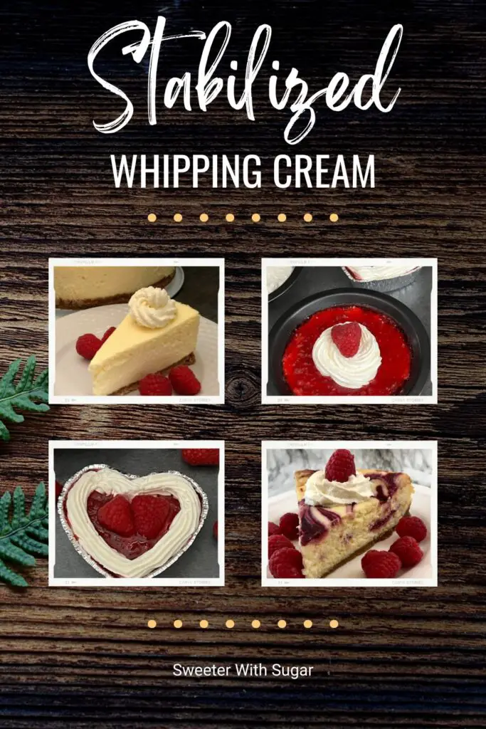 Making Stabilized Whipping Cream is very easy, with just one extra step. Stabilizing whipping cream is helpful when piping homemade whipping cream onto your desserts. #HomemadeWhippingCream #StabilizedWhippingCream #Piping #DessertRecipes