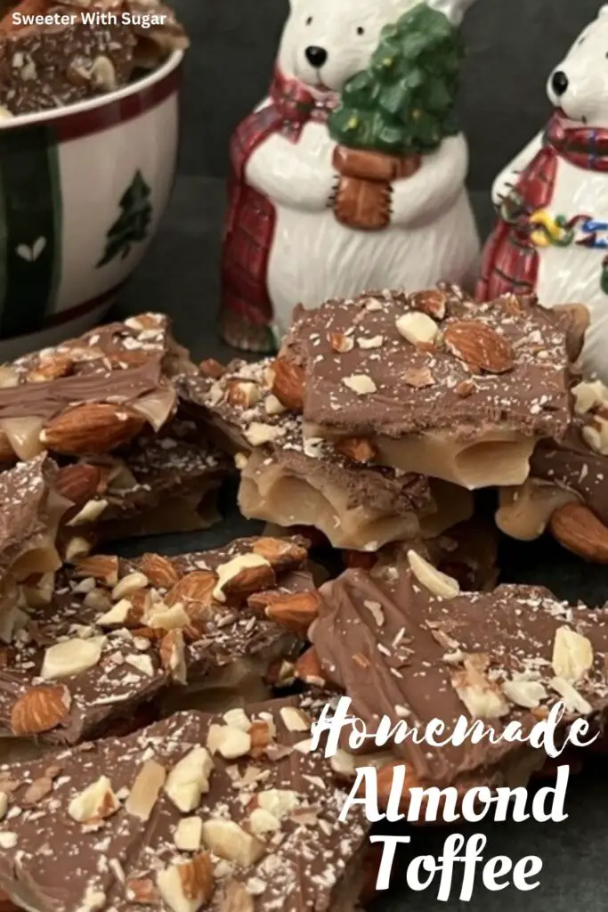 Almond Toffee is a crunchy and sweet toffee full of almonds and topped with chocolate. #ChristmasCandy #AlmondToffee #Toffee #Candy #HolidayRecipes