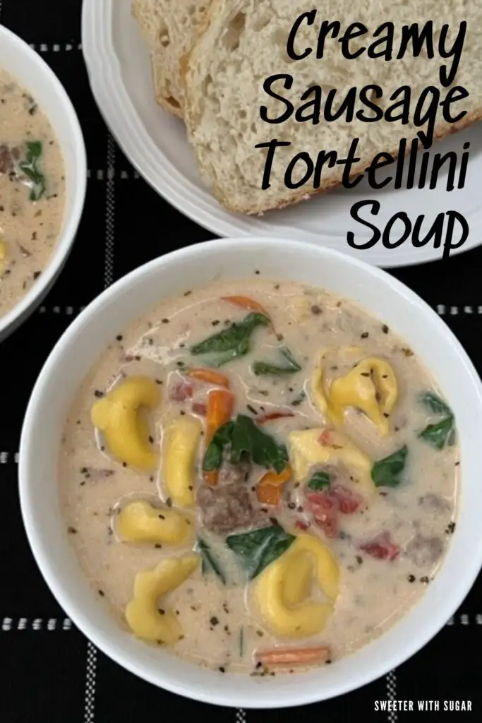 Creamy Italian Sausage Tortellini Soup is an easy soup recipe filled with veggies, ground Italian sausage and cheese tortellini. You will love this homemade soup. #SoupRecipes #ItalianSausage #CheeseTortellini #CreamySoups #DinnerRecipes #HomemadeSoupRecipes
