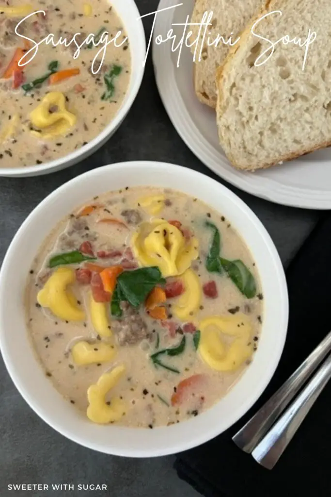 Creamy Italian Sausage Tortellini Soup is an easy soup recipe filled with veggies, ground Italian sausage and cheese tortellini. You will love this homemade soup. #SoupRecipes #ItalianSausage #CheeseTortellini #CreamySoups #DinnerRecipes #HomemadeSoupRecipes