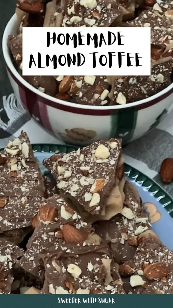 Almond Toffee is a crunchy and sweet toffee full of almonds and topped with chocolate. #ChristmasCandy #AlmondToffee #Toffee #Candy #HolidayRecipes