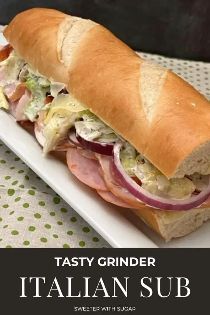 Italian Sub Sandwich is filled with four different deli meats, cheese, veggies and a delicious dressing. It is quick to make and delicious! #Subs #Sandwiches #DeliSandwiches #SubmarineSandwiches #ItalianGrinderSandwiches #Lunches #SandwichRecipes