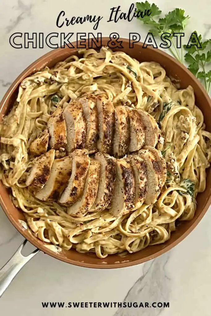 This Creamy Italian Chicken and Pasta dinner idea is a favorite comfort food recipe. The chicken is tender and flavorful. The creamy pasta sauce is full of sun dried tomatoes, baby spinach cream and parmesan cheese. #DinnerRecipes #ChickenRecipes #ItalianRecipes #ChickenDinner #Pasta #CreamyPastaSauce #CreamyItalianChickenandPasta