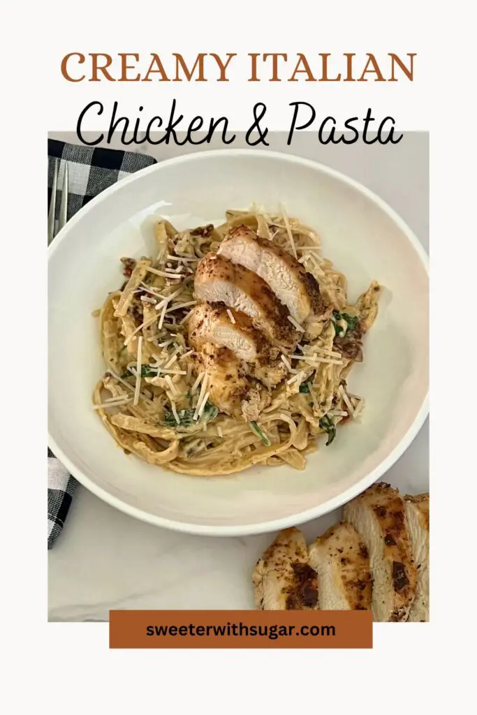 This Creamy Italian Chicken and Pasta dinner idea is a favorite comfort food recipe. The chicken is tender and flavorful. The creamy pasta sauce is full of sun dried tomatoes, baby spinach cream and parmesan cheese. #DinnerRecipes #ChickenRecipes #ItalianRecipes #ChickenDinner #Pasta #CreamyPastaSauce #CreamyItalianChickenandPasta