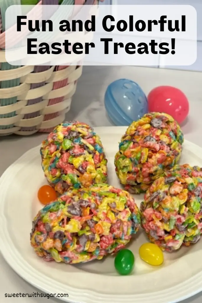 Fruity Pebbles Easter Egg Rice Krispie Treats are a delicious combination of colors, flavors, and textures that will instantly brighten up any Easter celebration. #RiceKrispiesTreats #EasterIdeas #EasterRecipes #PostFruityPebblesCereal