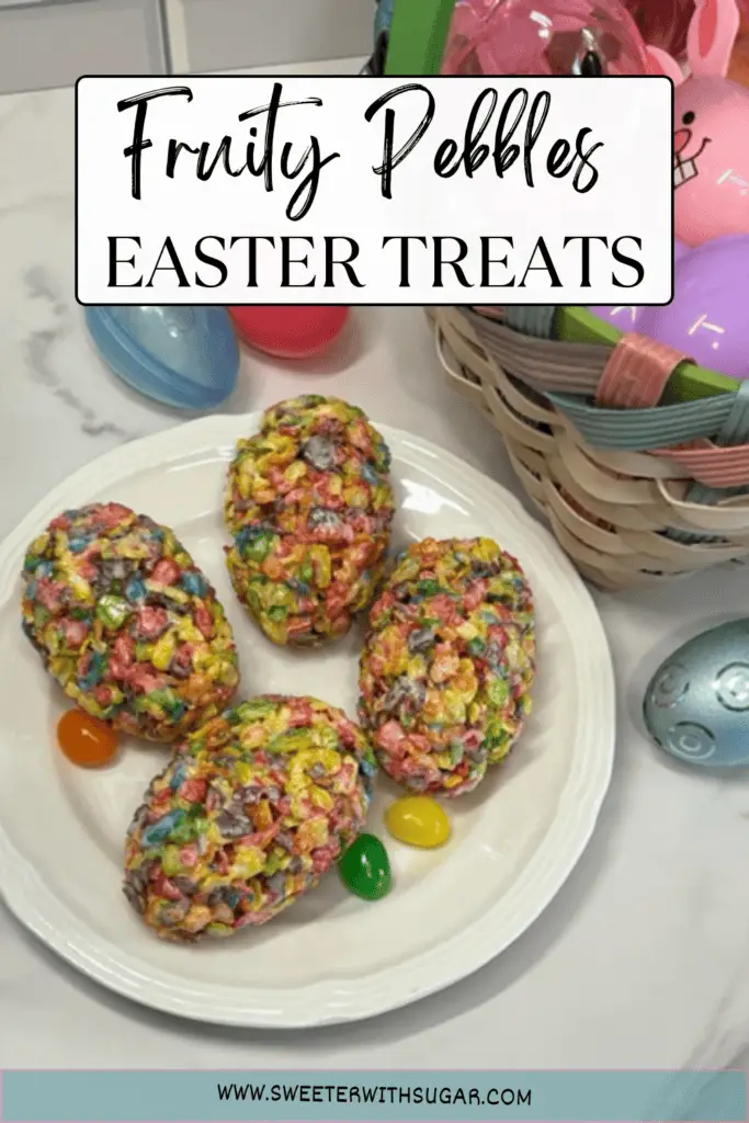 Fruity Pebbles Easter Egg Rice Krispie Treats are a delicious combination of colors, flavors, and textures that will instantly brighten up any Easter celebration. #RiceKrispiesTreats #EasterIdeas #EasterRecipes #PostFruityPebblesCereal