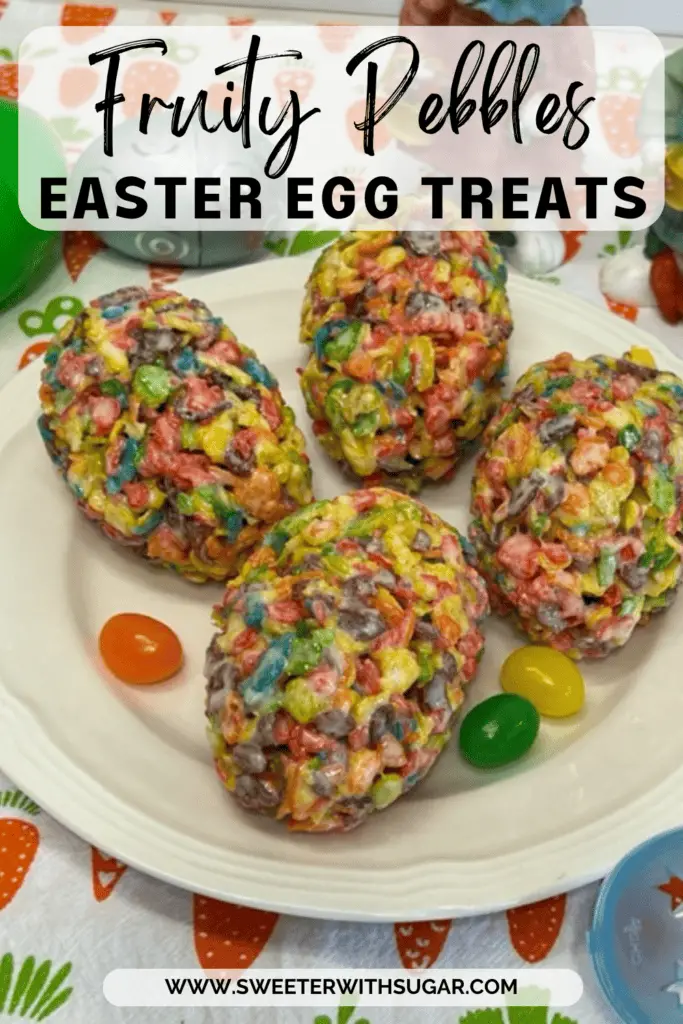 Fruity Pebbles Easter Egg Rice Krispie Treats are a delicious combination of colors, flavors, and textures that will instantly brighten up any Easter celebration. #RiceKrispiesTreats #EasterIdeas #EasterRecipes #PostFruityPebblesCereal