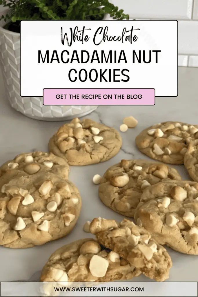 White Chocolate Chip Macadamia Nut Cookies are irresistible. These cookies are a delightful combination of creamy white chocolate, buttery macadamia nuts, and melt-in-your-mouth goodness. Try this recipe today! #cookierecipes #desserts #whitechocolatemacadamianutcookies #BetterThanStoreBought