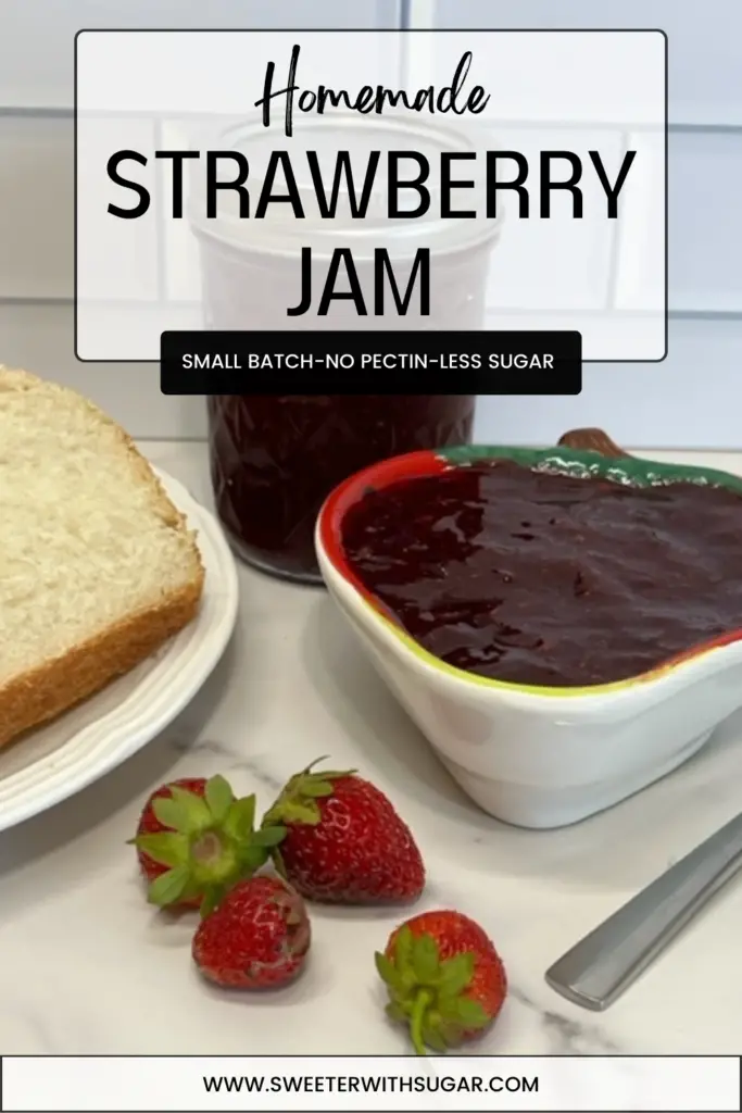 Homemade Strawberry Jam tastes like summer. This small batch jam recipe is made from fresh, plump, juicy strawberries. Strawberry jam is perfect on toast, pancakes, waffles, sandwiches or vanilla ice cream.
#NoPectinHomemadeJam #HomemadeStrawberryJam #SmallBatchJamRecipes #JamWithLessSugar #SummerRecipes #GardenRecipes #FruitPreserves