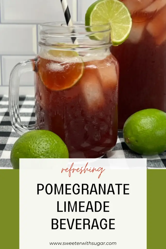Pomegranate Limeade is a refreshing beverage that combines the bright and tart flavors of lime with the sweetness of pomegranate. This beverage recipe is perfect for hot summer days or any time you crave a delicious drink. #SummerDrinks #HolidayBeverages #PomegranateRecipes #LimeRecipes #EasyBeverageRecipes
