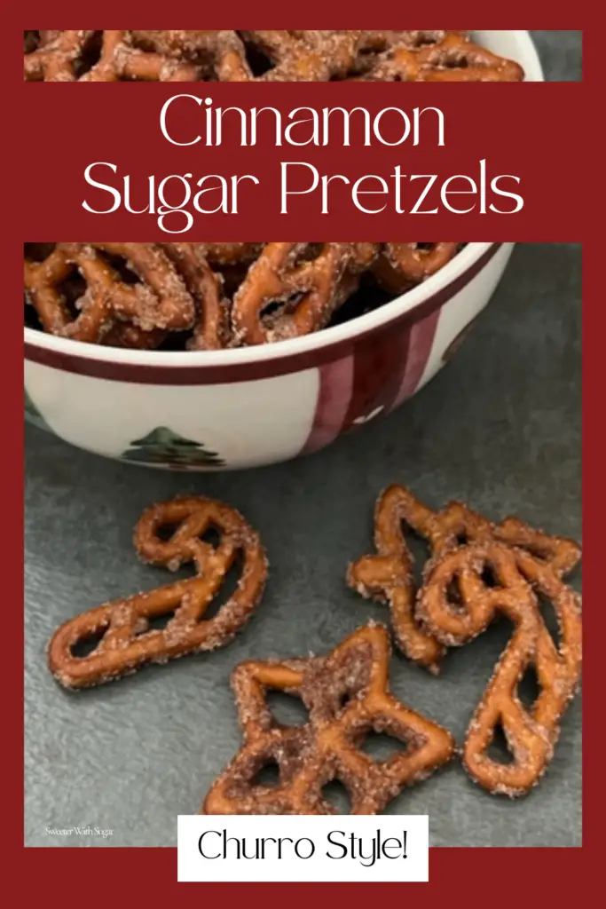 Close-up of cinnamon sugar pretzels baked until crispy and golden like churros.