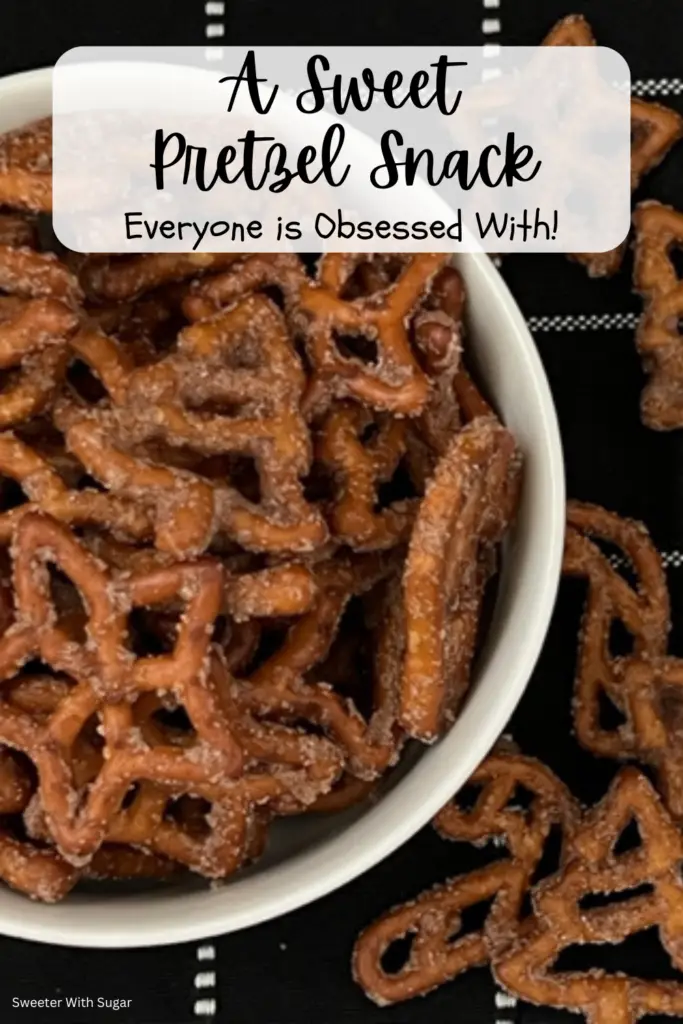 A bowl filled with churro pretzels coated in cinnamon sugar.