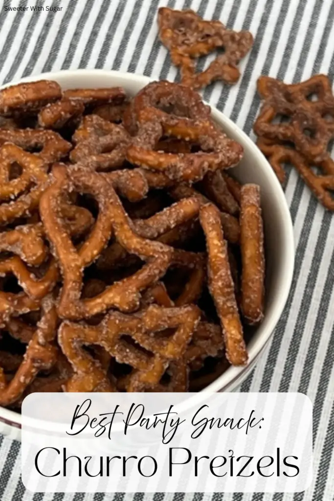 Churro pretzels served in a bowl for a party snack.