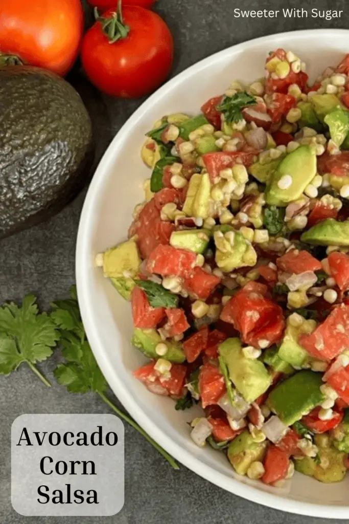 Avocado Corn Salsa is an easy to make dip recipe. This salsa is full of delicious ingredients and perfect for and party, barbecue or any time. #Salsa #Avocado #DipRecipes #EasyAppetizers #HealthyDipRecipes