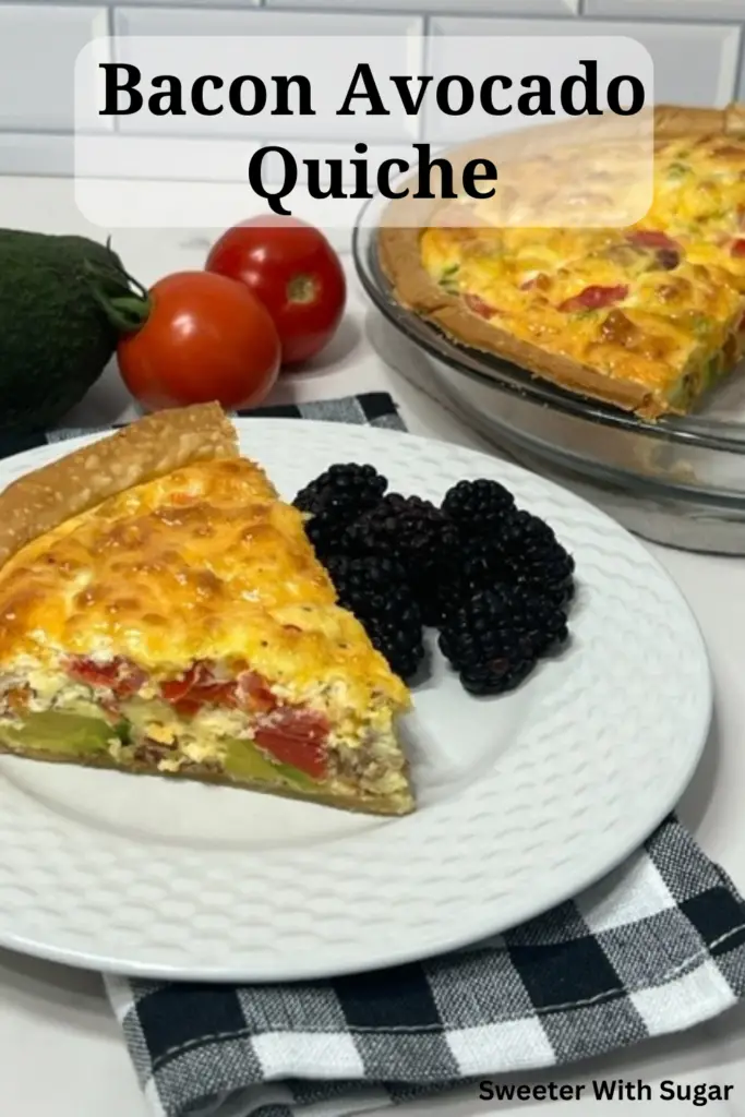 Bacon Avocado Quiche is a simple quiche recipe filled with yummy vegetables and covered in a delicious egg mixture. #QuicheRecipes #EasyBrunchIdeas #BreakfastRecipes #BaconRecipes 