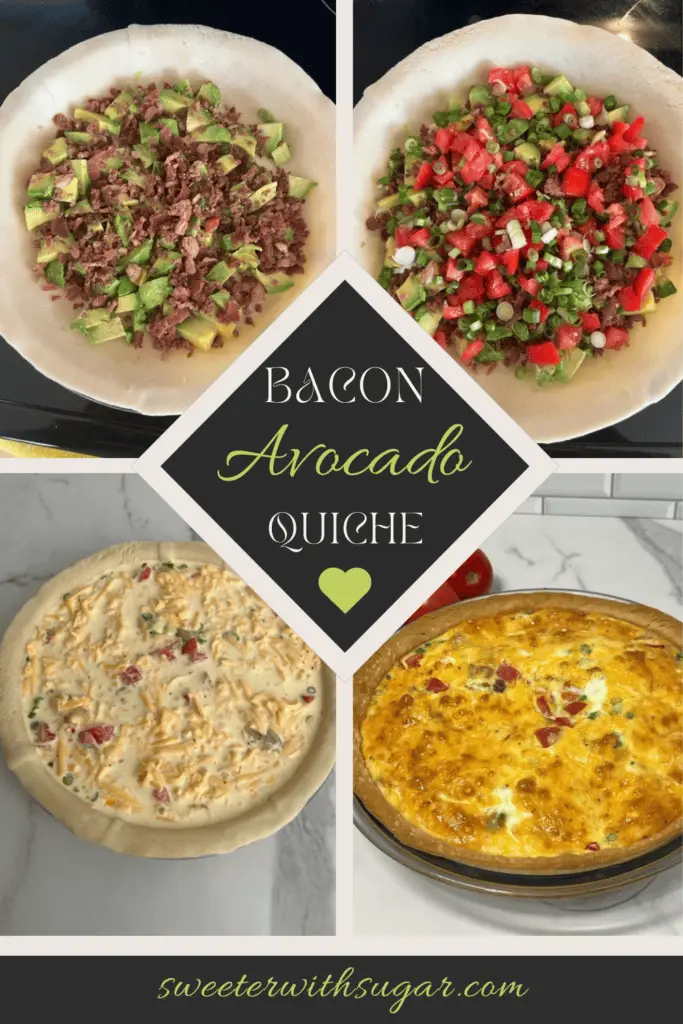 Bacon Avocado Quiche is a simple quiche recipe filled with yummy vegetables and covered in a delicious egg mixture. #QuicheRecipes #EasyBrunchIdeas #BreakfastRecipes #BaconRecipes 