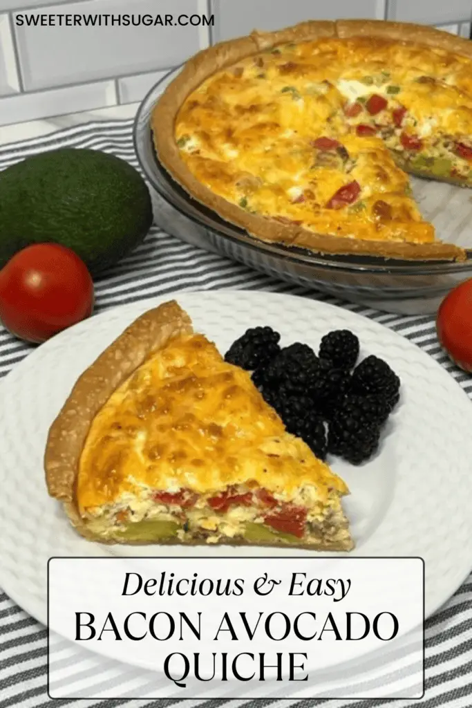 Bacon Avocado Quiche is a simple quiche recipe filled with yummy vegetables and covered in a delicious egg mixture. #QuicheRecipes #EasyBrunchIdeas #BreakfastRecipes #BaconRecipes 