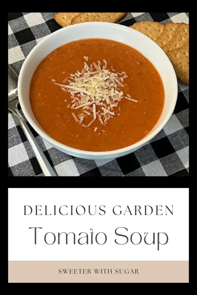 This Garden Tomato Soup recipe is full of ripe, juicy tomatoes, fresh basil and more. It is perfect for chilly evenings or as a side to your favorite grilled cheese sandwich. Homemade tomato basil soup is an all-time favorite comfort food. #GardenRecipes #SoupRecipes #TomatoBasilSoup #ComfortFoodRecipes #TomatoSoup #HowToUseGardenTomatoes