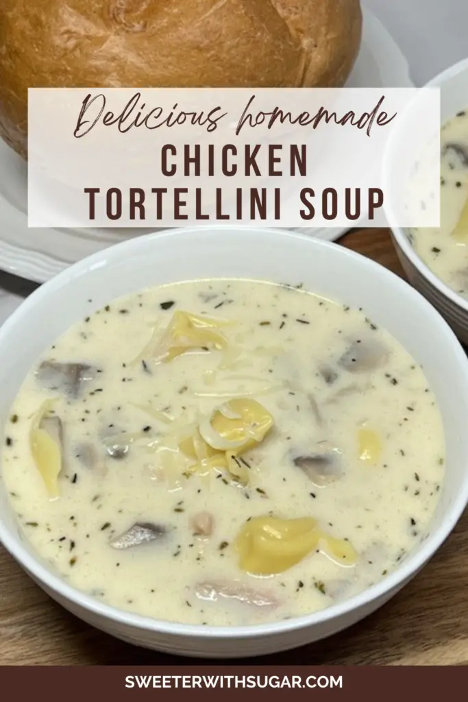 Chicken Tortellini Soup is quick and easy to make and makes a yummy comfort food meal. This soup is filled with rotisserie chicken, onion, mushroom, seasonings, garlic, cheese and cheese tortellini. #Soups #RecipesWithTortellini #RecipesWithRotissiereChicken #ComfortFoodRecipes
